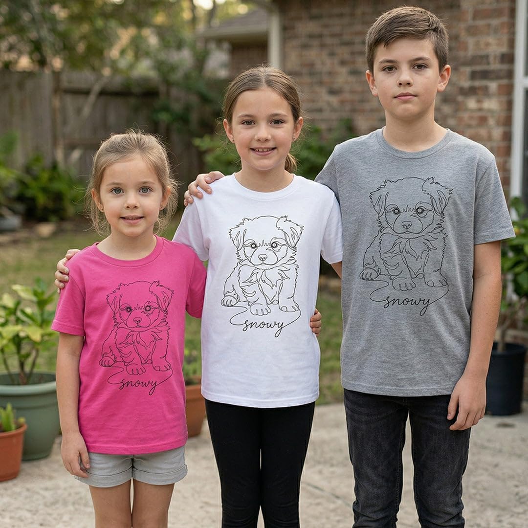 Personalised Pet Portrait T Shirt Adults Kids Custom Cat Dog Outline Art Name Sketch Drawing Graphic Top